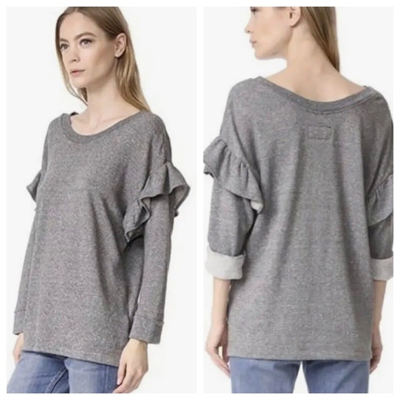 Current/Elliott The Ruffle Sweatshirt Womens Heather Gray Terry Pullover 1 Small - Picture 1 of 6